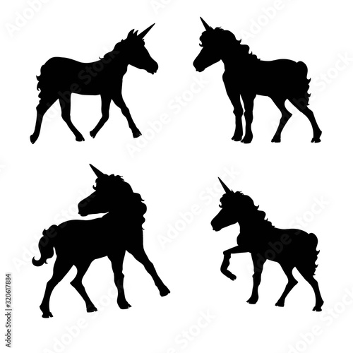 Vector set of silhouettes of unicorns.