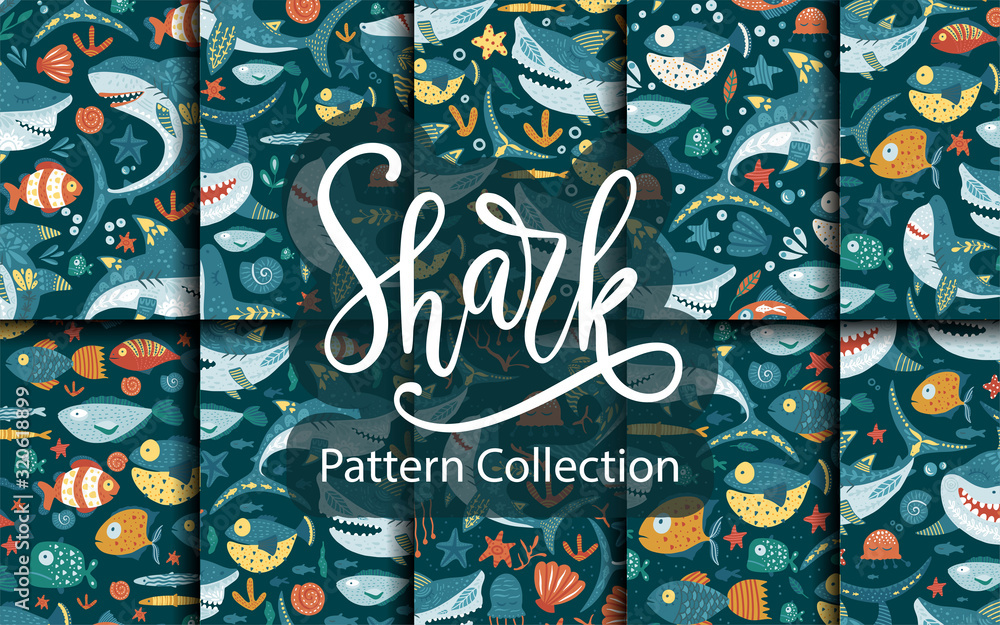 Naklejka premium Seamless vector pattern set with cute cartoon funny shark fish in a flat style. Cheerful kid underwater fabric background collection. Baby shark Doo Doo Doo.