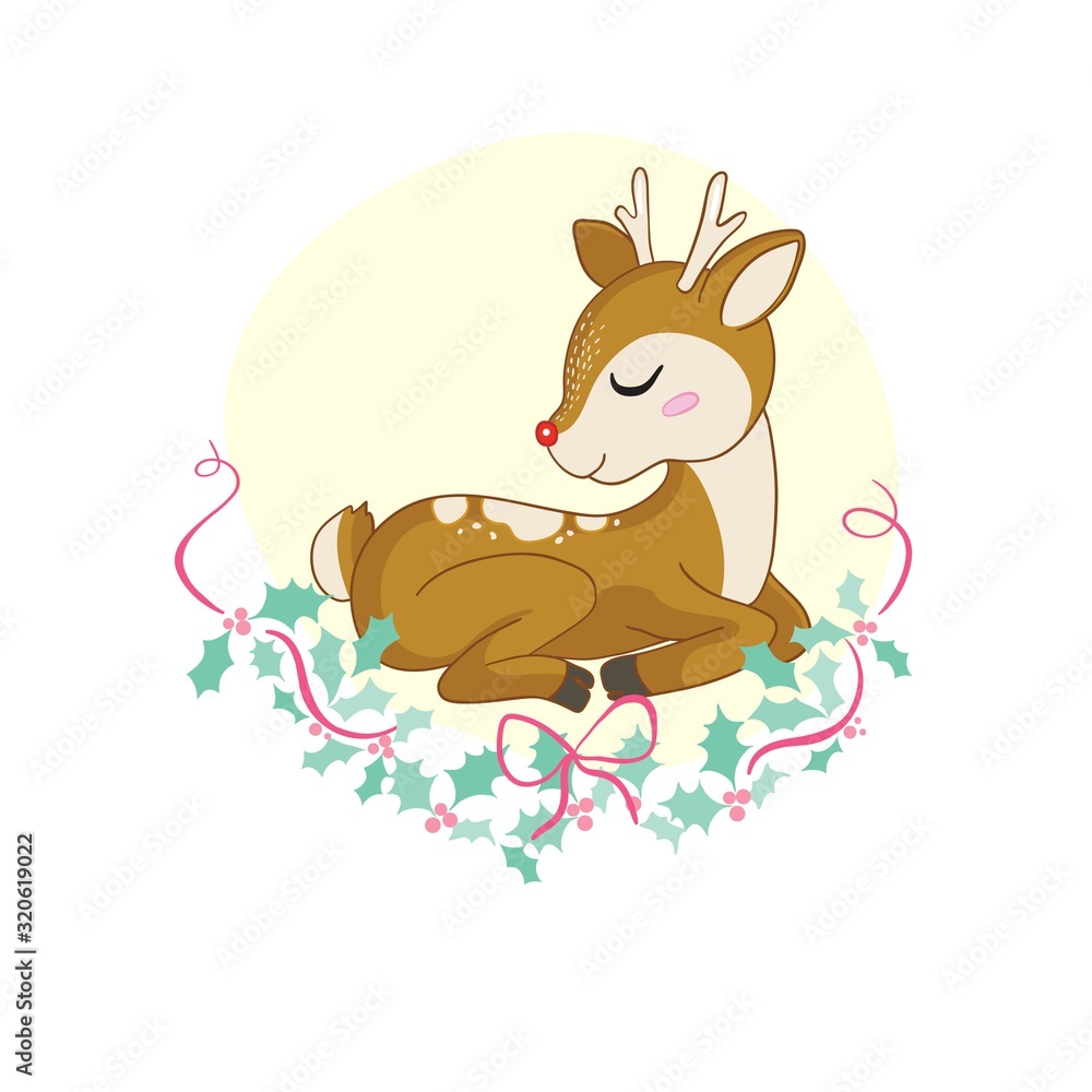 Cute Cartoon Baby Deer with flowers on a pink background Cute Cartoon Baby Deer with flowers on a pink background