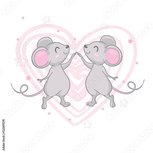 Two cute vector mice with sweet red and white canes holding them like a heart. Cartoon funny animal. Christmas card