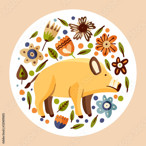 Wild boar woodland flat vector animal illustration. Cute cartoon hog character with ornate floral botanical elements.