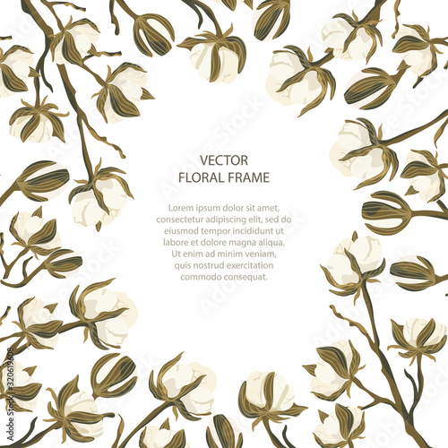 Floral greeting card vector template. Frame with hand drawn cotton flowers illustrations in a flat style and place for your text.
