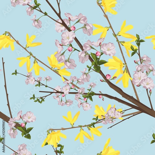 Floral seamless pattern. Beautiful spring background with sakura and Forsythia flowers branches. Gentle flower tile wallpaper for bedclothes design.