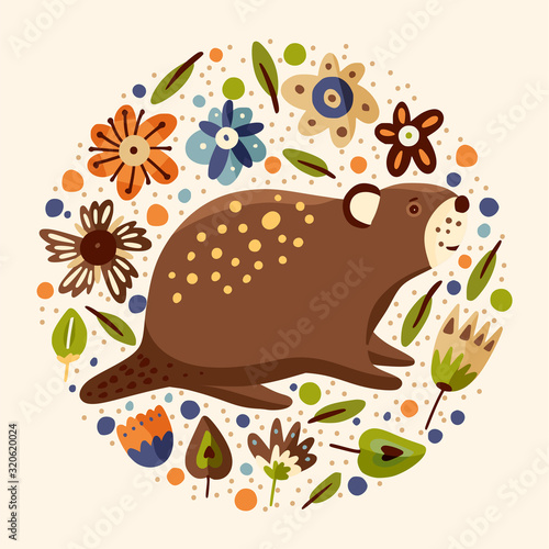 Cartoon cute beaver forest vector animal card in a flat scandinavian style. Woodland hand drawing funny nature round vintage illustration.
