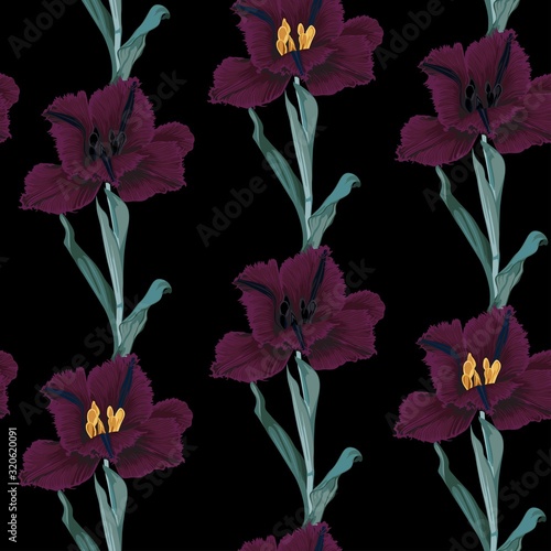 Fototapeta Naklejka Na Ścianę i Meble -  Spring flowers. Flower vintage seamless pattern. Oriental style. Tulips on black background. Colorful backdrop for textiles, paper, wallpaper.