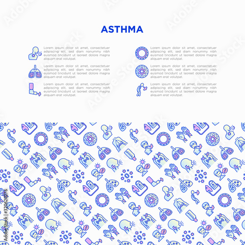 Asthma concept with thin line icons: allergen, dyspnea, cough, wheezing, chest pain, diaphragm, asthma attack, hives, sputum, peak flow meter, inhaler. Vector illustration, template with copy space.