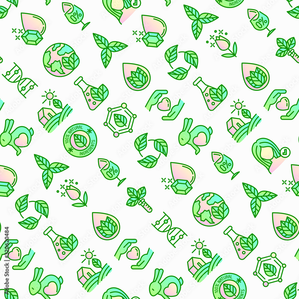 Organic cosmetics seamless pattern with thin line icons for product packaging. Cruelty free, 0% alcohol, natural ingredients, paraben free, eco friendly, no mineral oil, non GMO. Vector illustration. Organic cosmetics seamless pattern with thin line icons for product packaging. Cruelty free, 0% alcohol, natural ingredients, paraben free, eco friendly, no mineral oil, non GMO. Vector illustration.