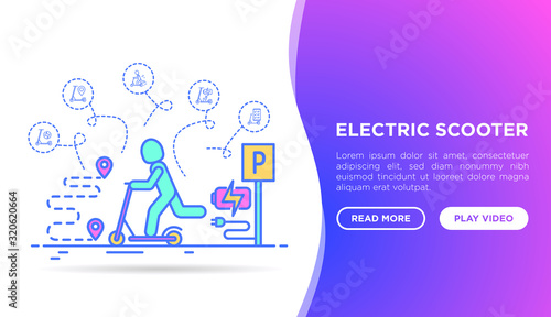 Man using electric scooter concept. Web page template with thin line icons: sharing service, mobile app, QR code, parking, eco transport, pointer. Modern vector illustration.
