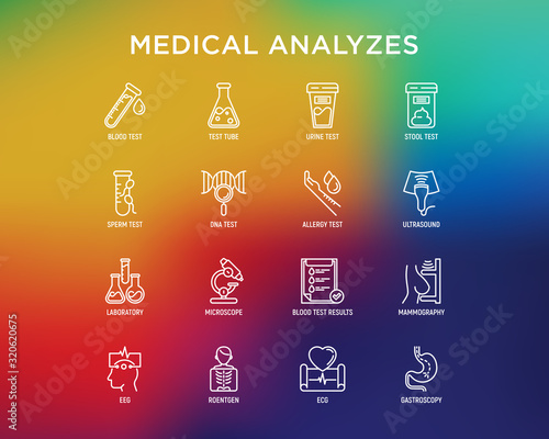 Medical analyzes thin line icons set: blood test, urine test, stool, ECG, mammography, sperm, DNA, ultrasound, EEG, X-ray, gastroscopy. Vector illustration for laboratory web page.