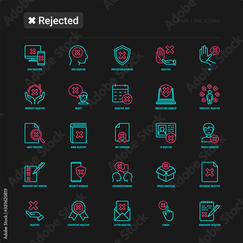 Rejected thin line icons set: sync, idea, agreement, calendar date, employee, audit, document not certified, profile, order cancelled, misunderstanding. Modern vector illustration.