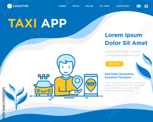 Man using taxi app on smartphone. Web page template with copy space. Thin line icon. Vector illustration.