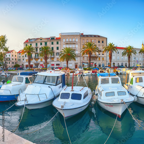 Amazing view of the promenade the Old Town of Split with boats and yachts in marina
