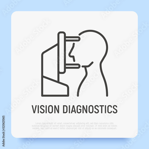 Vision diagnostics: human looking at ophthalmic refractometer. Thin line icon. Modern vector illustration for ophthalmology.