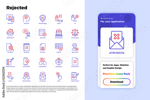 Rejected thin line icons set: sync, idea, agreement, calendar date, employee, audit, document not certified, profile, order cancelled, misunderstanding. Modern vector illustration.