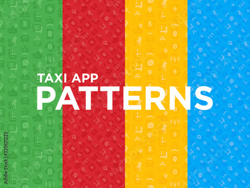 Taxi app seamless pattern with thin line icons: payment method, promocode, app settings, info, support service, phone number, location, pointer, route, destination, baby seat. Vector illustration.