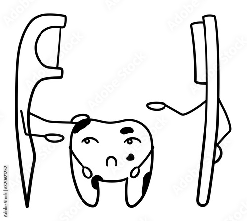 Cartoon sad dirty tooth with dental floss and toothbrush in black lines