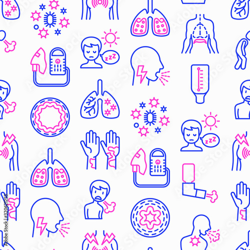 Asthma seamless pattern with thin line icons: allergen, dyspnea, cough, wheezing, chest pain, diaphragm, asthma attack, hives, sputum, peak flow meter, inhaler, nebulizer. Modern vector illustration.