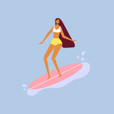 Beautiful surfer girl on surfboard. Idea for summer poster. Fun summertime on the beach. Female character. Vector cartoon illustration, flat design, isolated 
