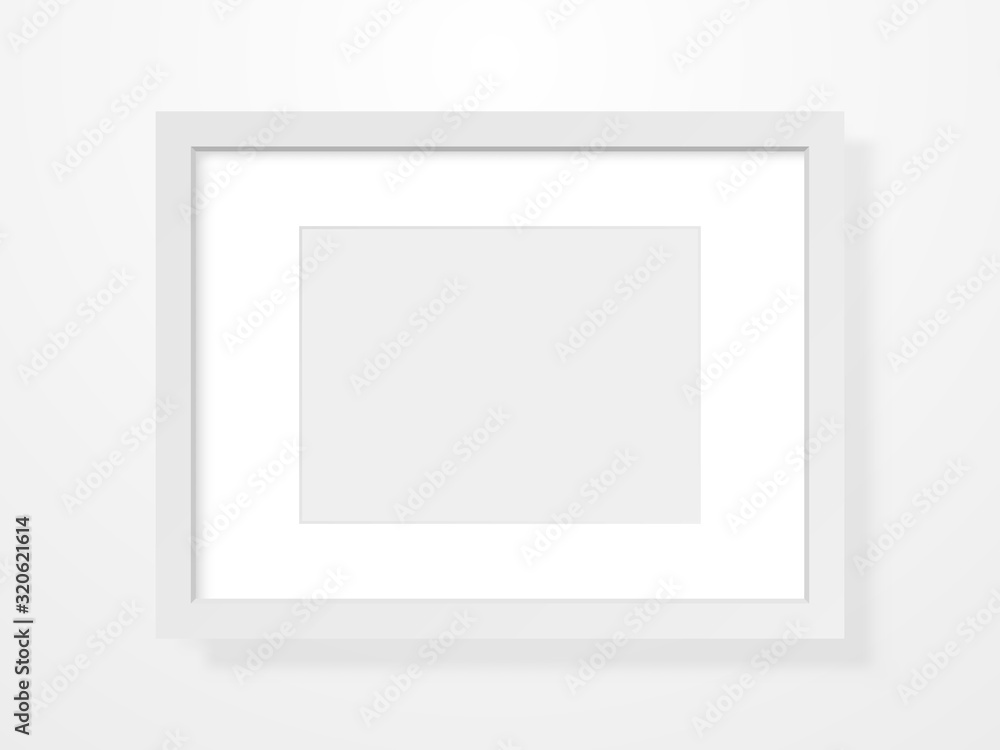 Realistic frame on light background. Empty picture template. Clean rectangle mockup on a wall. Photo blank with white border. Room interior object. Vector illustration Realistic frame on light background. Empty picture template. Clean rectangle mockup on a wall. Photo blank with white border. Room interior object. Vector illustration