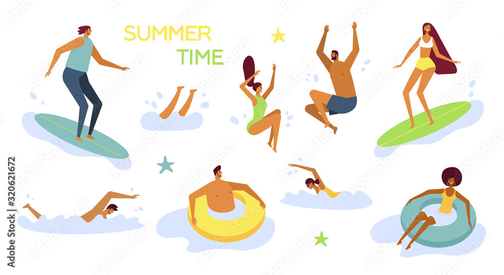 Set of young women and men have a fun time, play ball, swim, dive, surf and lie on floating air mattress. Collection on fun characters. Flat design, trendy style, minimal. Illustration white isolated