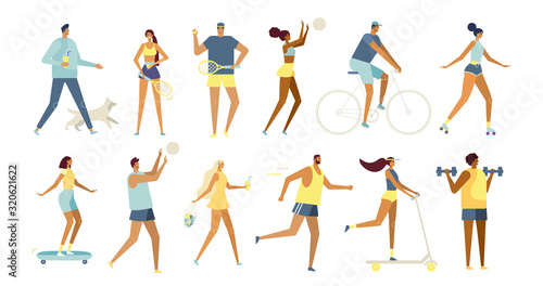 Set of vector cartoon characters. Young men and women have a fun time, go in for sports, ride a bike, roller skate, scooter, play ball. Healthy lifestyle in the fresh air. Flat design, white isolated 