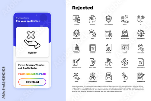 Rejected thin line icons set: sync, idea, agreement, calendar date, employee, audit, document not certified, profile, order cancelled, misunderstanding. Modern vector illustration.