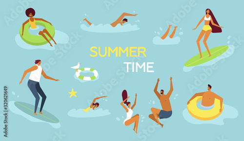Young women and men have a fun time, play ball, swim, dive, surf and lie on tube. Flat design, trendy style, minimal. Template for summer time poster, place for your text. People in the water