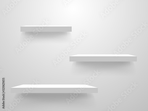 White shelves on a wall mockup. Empty shelf template on light background. Clean bookshelf collection. Realistic store shelves. Home interior design. Vector illustration