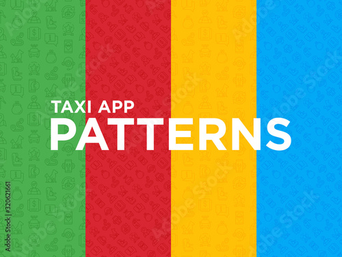 Taxi app seamless pattern with thin line icons: payment method, promocode, app settings, info, support service, phone number, location, pointer, route, destination, baby seat. Vector illustration.