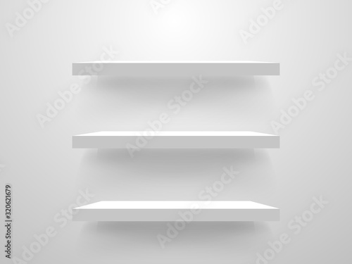 White empty shelves on light wall. Interior design mockup. Realistic store shelf template. Library bookshelf collection. Showcase blank. Vector illustration
