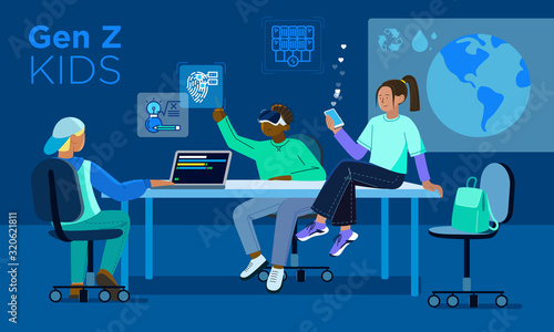 Vector illustration of Generation Z, modern children who can and know how to use digital gadgets