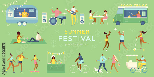 Summer festival. Set of characters. People have a good time time in nature. Musicians, friends, couples relax together. Vector template for web, poster, banner. Place for your text
