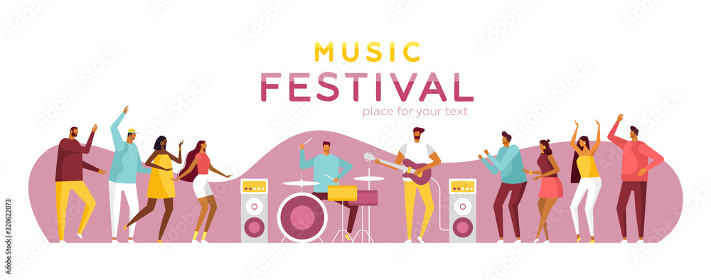 Poster for music summer festival. Open air live performance. Party in park, camp. Pop, rock musicians and funny dancing people. Template for web. Vector illustration, flat design, white isolated Poster for music summer festival. Open air live performance. Party in park, camp. Pop, rock musicians and funny dancing people. Template for web. Vector illustration, flat design, white isolated