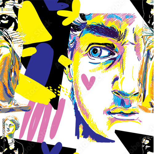 Seamless pattern with greek sculptures. Men's faces. Stylish colorful background. pop art, modern antiquity.