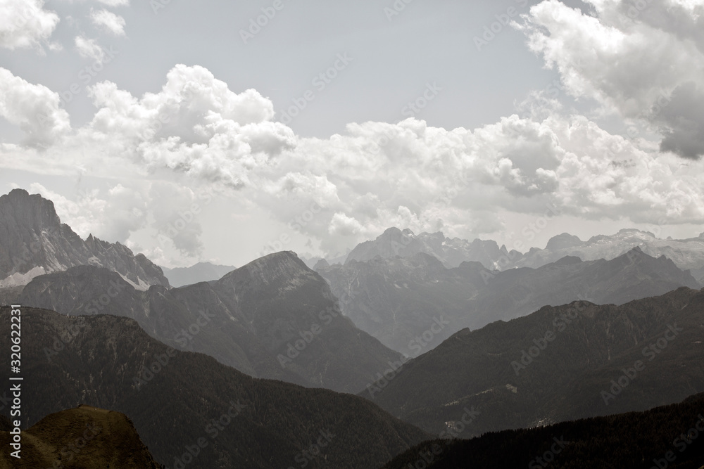 Hike the mountains of Passo Giau. The world famous Dolomites peaks in South Tyrol in the Alps of Italy. Belluno in Europe mountain scenery. Cloudy mood