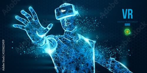 VR headset holographic low poly wireframe vector banner. Polygonal man wearing virtual reality glasses, helmet. VR games playing. Particles, dots, lines, triangles on blue background. Neon light.