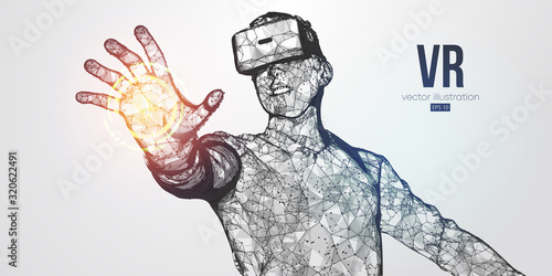 VR headset holographic low poly wireframe vector banner. Polygonal man wearing virtual reality glasses, helmet. VR games playing. Particles, dots, lines, triangles on blue background. Neon light.