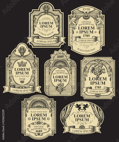 Vector set of ornate hand-drawn labels on the black background. Collection of vintage labels decorated by ribbons, crowns, angels, curls in figured frames with place for text and logo