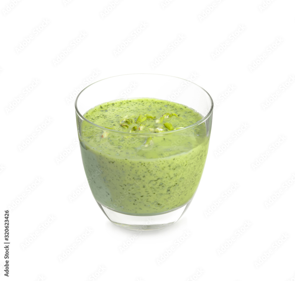 Glass of green buckwheat smoothie isolated on white Glass of green buckwheat smoothie isolated on white