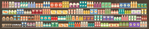 Supermarket, shelves with products and drinks.