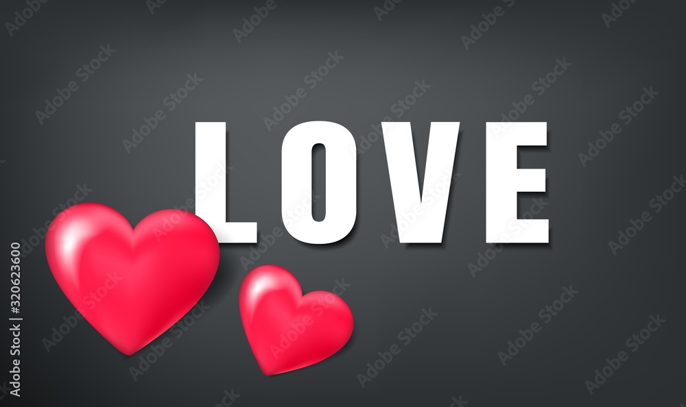 Volumetric two red balloons in the shape of a heart and the word Love on a black background Volumetric two red balloons in the shape of a heart and the word Love on a black background