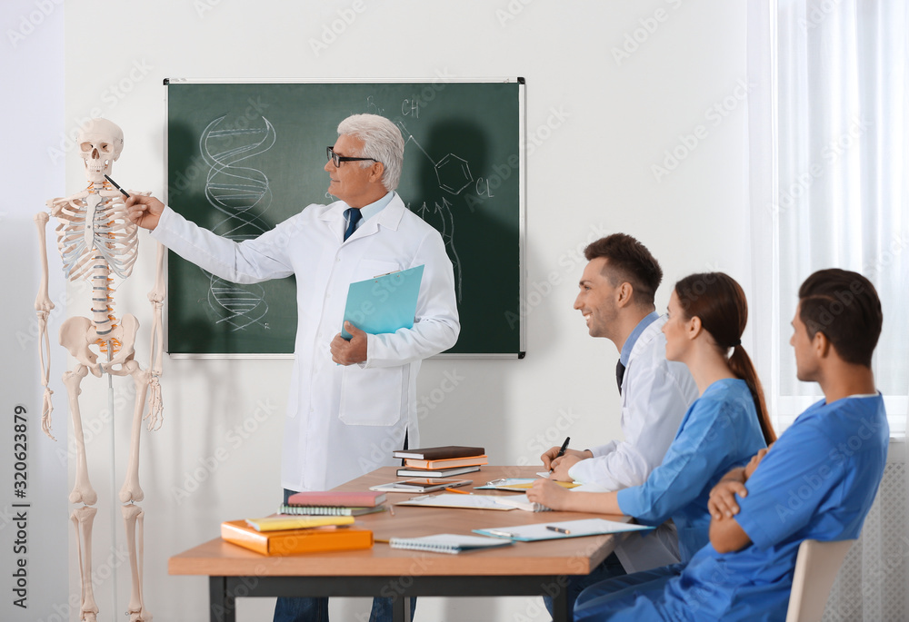 Medical students and professor studying human skeleton anatomy in classroom Medical students and professor studying human skeleton anatomy in classroom