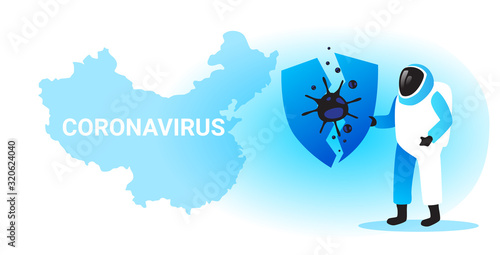 scientist in hazmat suit holding broken shield coronavirus cell epidemic MERS-CoV virus quarantine concept wuhan 2019-nCoV pandemic health risk chinese map full length horizontal vector illustration