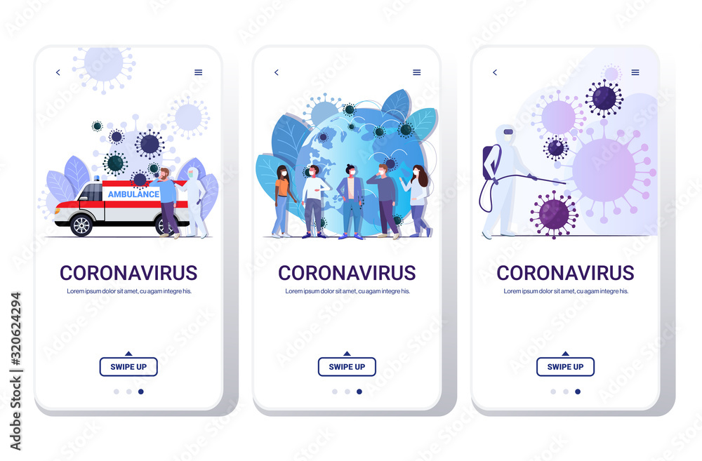 set coronavirus cells epidemic MERS-CoV virus floating influenza flu spreading of world concepts collection wuhan 2019-nCoV health risk full length smartphone screens mobile app vector illustration