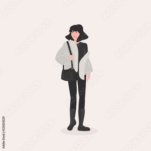 fashion portrait beautiful woman standing pose female cartoon character in casual clothes full length flat vector illustration