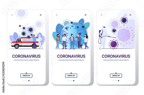 set coronavirus cells epidemic MERS-CoV virus floating influenza flu spreading of world concepts collection wuhan 2019-nCoV health risk full length smartphone screens mobile app vector illustration
