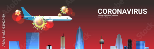 passenger plane flying over city skyscrapers coronavirus cell 2019-nCoV flu outbreak china pathogen respiratory nCov pandemic wuhan virus medical health risk concept horizontal vector illustration