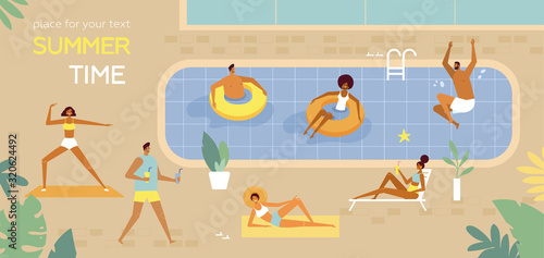 Summertime poster. Pool Party. People swim, sunbathe, dive, relax, have a fun time in the pool. Vector cartoon illustration. Flat design, trendy style. Character of young men and women. Top view