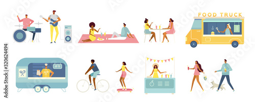 Set of vector cartoon characters. Men and women relax, walk, eat together, play music, ride a skate and bike, sell fast food and drinks in the truck