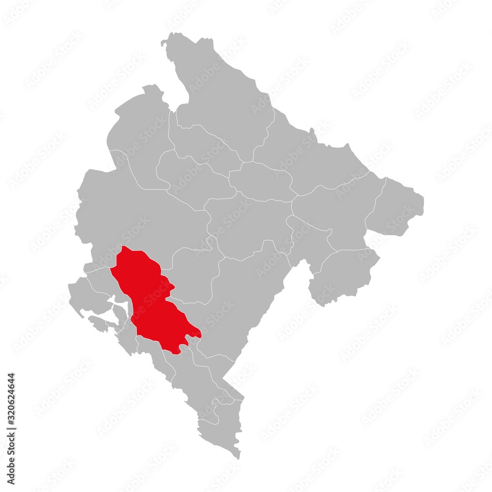 Cetinje province highlighted on montenegro map. Gray background.